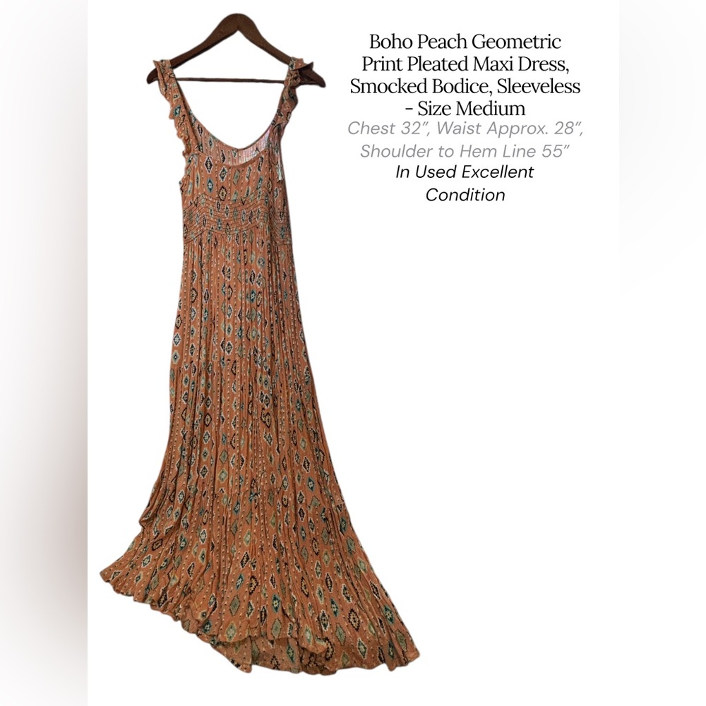Boho Peach Geometric Maxi Dress Sleeveless Smocked Pleated Medium #13